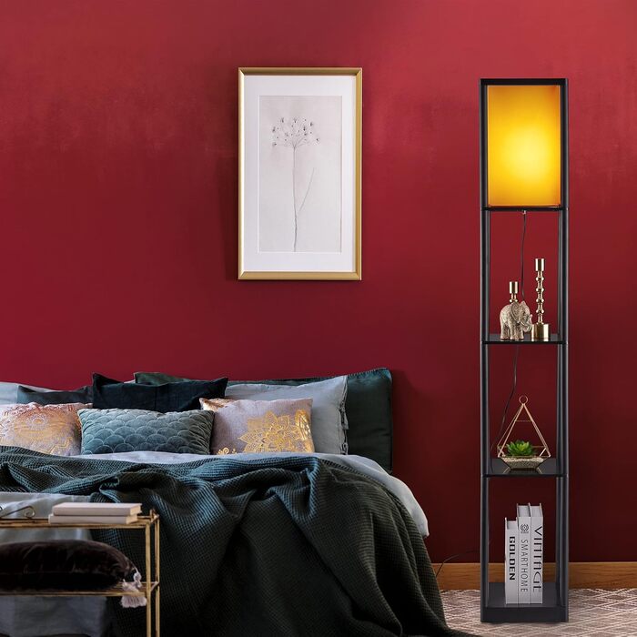 Relaxdays Stehlampe mit Regal, E27, 3 Ablagen, modernes Design, 159x26x26 cm, schwarz-braun