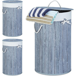 3x faltbare Wäschetonne Bambus, 70L, Baumwoll-Wäschesack, rund Ø 41 cm, grau/weiß, mit Deckel