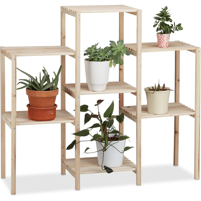 Relaxdays Pflanzenregal Holz, stabil, rustikal, rostfrei, 86x95x29 cm, natur
