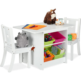 Relaxdays Kindersitzgruppe, Tisch mit 2 Stühlen, Stauraum, für Mädchen & Jungen, Kinderzimmer, weiß