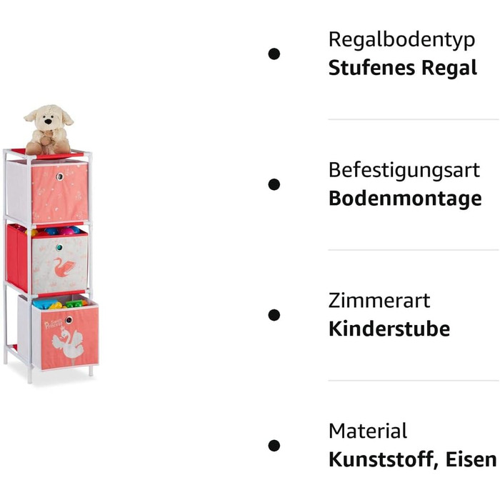 Relaxdays Kinderregal mit  Spielzeug, Mädchen, Schwan-Design, Regal Kinderzimmer, HBT: 62 x 53 x 30 cm, weiß/rot (3 Boxen)