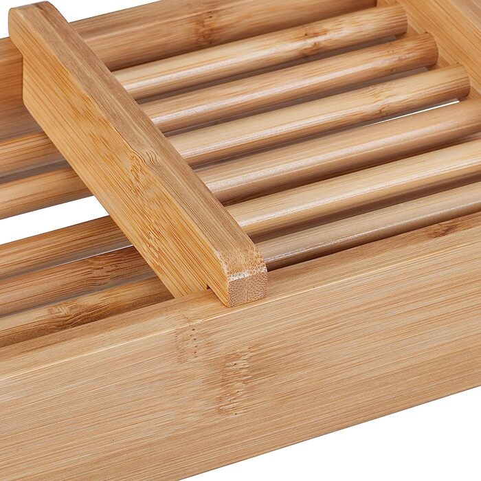 Relaxdays Badewannenablage Bambus, 69 cm breit, ausklappbare Füße, Badewannenbrett mit Seifenablage, Wannenablage, Natur