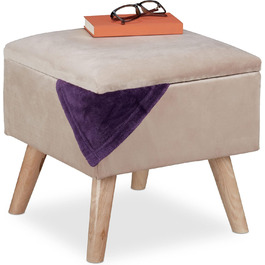 Relaxdays Samthocker mit Stauraum, gepolstert, eckig, Holzbeine, 40x40x40 cm, Creme