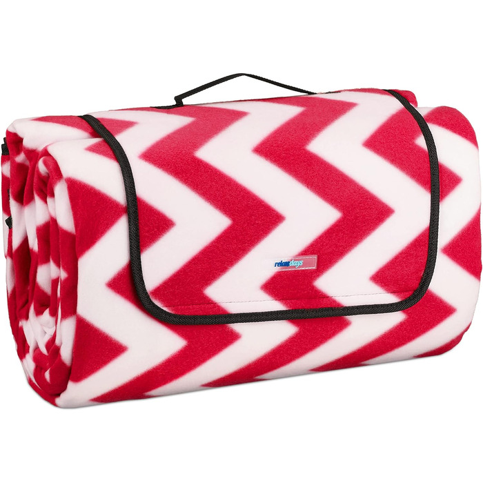 Relaxdays XXL Picknickdecke, 200x300 cm, isolierte Unterseite, Tragegriff, Fleece Stranddecke, Zickzack, weich, rot/weiß