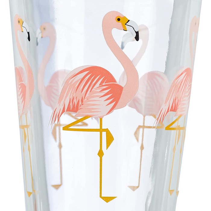 Relaxdays Glasbecher mit Deckel & Strohhalm, 4er Set Flamingo Gläser, 450 ml, spülmaschinenfest, Trinkglas, transparent