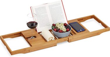 Relaxdays XL Badewannenablage, mit Buchstütze & für Tablet, Luxus Badewannenbrett, Bambus, ausziehbar 70-105 cm, Natur, 1 Stü