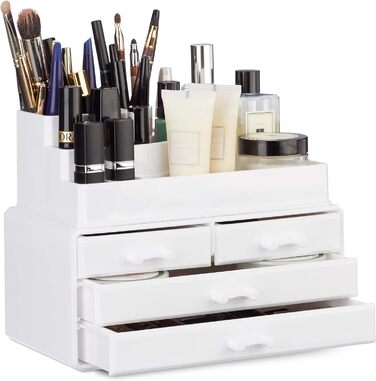 Relaxdays 1 x Make Up Organizer mit 4 Schubladen, Kosmetik Halter Nagellack u. Lippenstift, Acryl Make Up Kit, (Weiß)