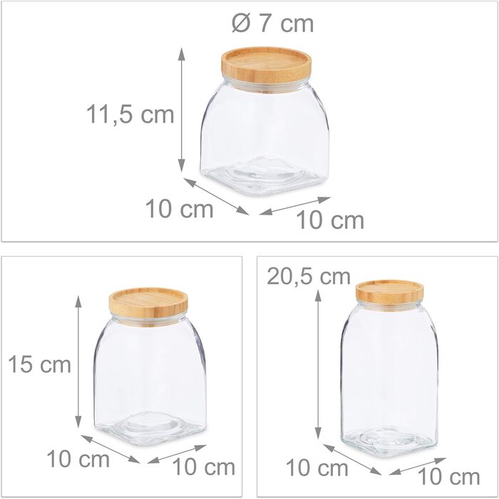 Relaxdays Vorratsgläser, 3er Set, 600/1000/1400 ml, Müsli/Pasta/Linsen, Bambusdeckel, transparent/natur