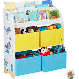 Relaxdays Kinderregal, 4 Boxen, Meerjungfrau Motiv, Spielzeug Aufbewahrung, Kinderzimmer HxBxT 98 x 82,5 x 30 cm, bunt