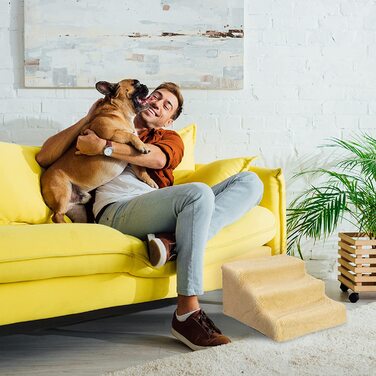 Relaxdays Hundetreppe 3 Stufen, kleine & große Hunde, Bett & Couch, Stoffbezug, Tiertreppe innen, HBT 30x35x45 cm, (beige, 30 x 35 x 45 cm)
