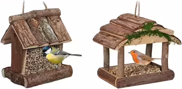 Relaxdays Vogelfutterhaus Holz, HBT: 17x15x12cm, mit Silo, Vogelfutterspender, Natur (Bundle)