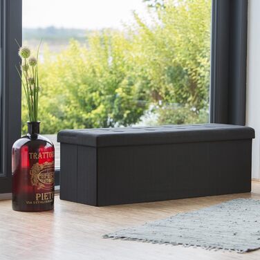 Relaxdays Faltbare Sitzbank XXL, Sitzcube mit Stauraum, Leinen, 38x114x38 cm, Schwarz