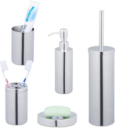 Relaxdays 5-tlg. Badezimmer Set, Edelstahl poliert, moderne Badaccessoires, Silber