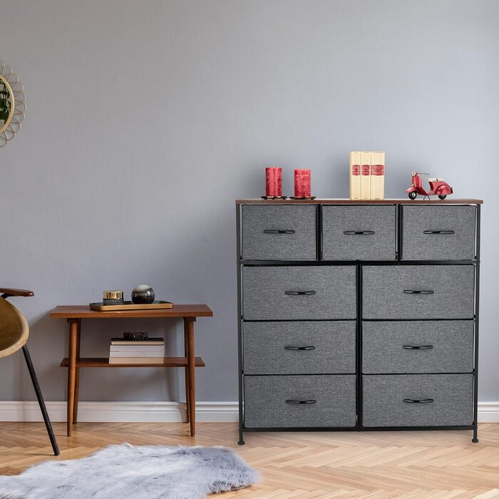 Relaxdays Kommode, 100x100x30 cm, Metall & Holzoptik, 9 Stoff-Schubladen, Moderne Beistellkommode