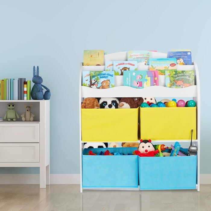 Relaxdays Kinderregal, 4 Boxen, Meerjungfrau Motiv, Spielzeug Aufbewahrung, Kinderzimmer HxBxT 98 x 82,5 x 30 cm, bunt