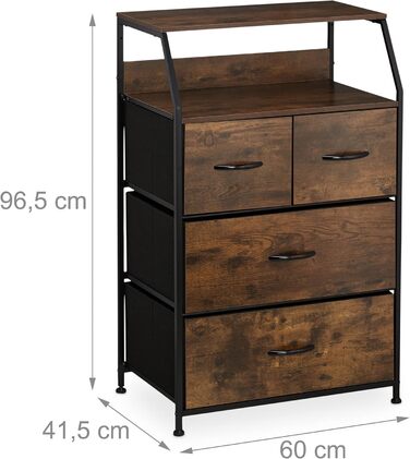 Relaxdays Kommode Industrial, 96,5x60x41,5 cm, Stoff/Metall/Holzoptik, 4 Schubladen, braun/schwarz