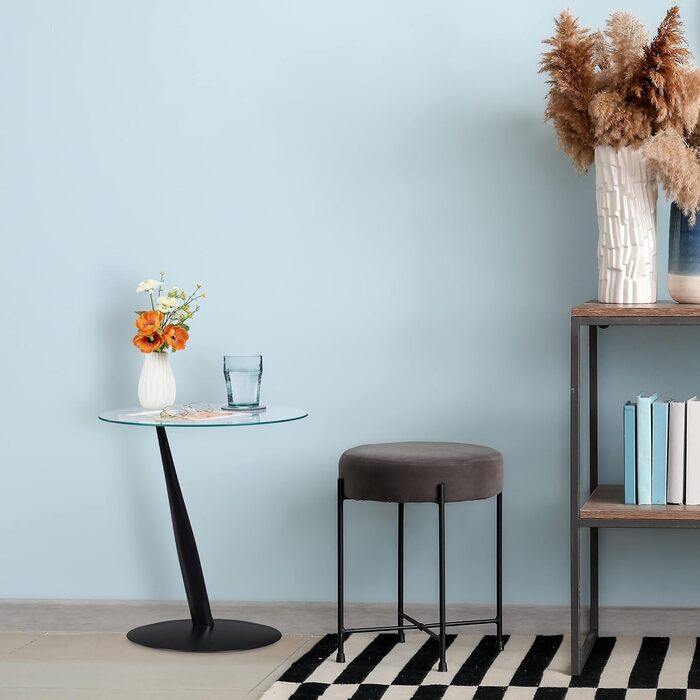 Relaxdays Beistelltisch, runder Couchtisch, H x D: 49 x 45 cm, Glas & Stahl, für Wohnzimmer, moderner Sofatisch, schwarz