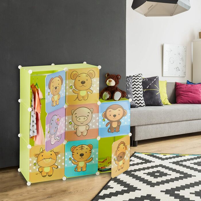 Relaxdays Kinderregal mit Tiermotiv, Kunststoff Steckregal m. Türen, Kinderzimmer Kleiderschrank m. Kleiderstange, bunt, 37 x 74 x 145 cm