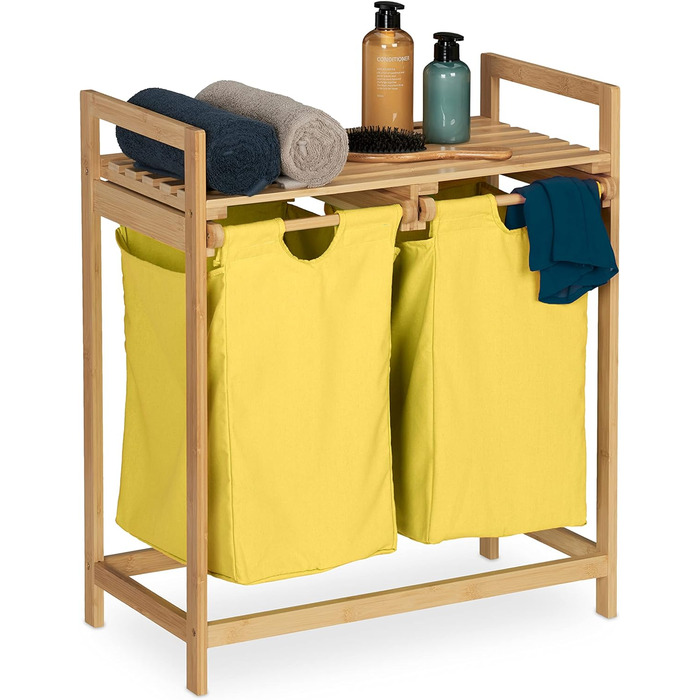 Relaxdays Wäschekorb Bambus, 2 Fächer, ausziehbar, 60L, Natur, 1 Stück