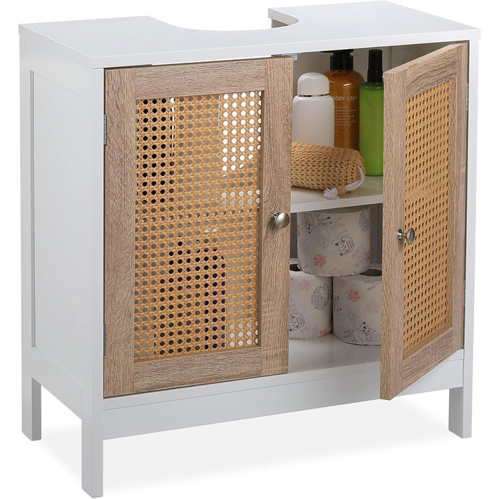 Relaxdays Waschbeckenunterschrank, 60 cm, 2 Fächer, Siphon-Aussparung, Rattan-Türen, weiß/Natur