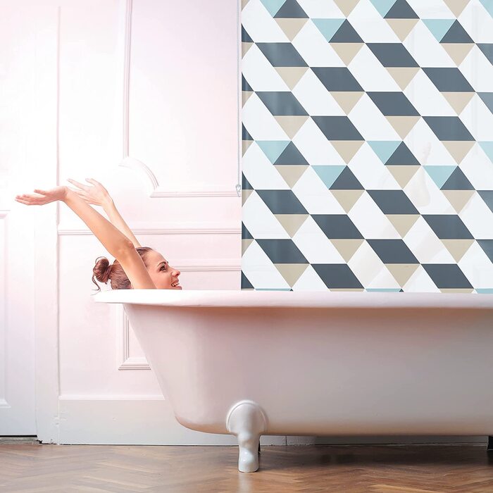 Relaxdays Duschrollo,  Dreieck Muster, Seilzug, Flexible Montage, Duschvorhang für Badewanne & Fenster, bunt (140x240 cm)