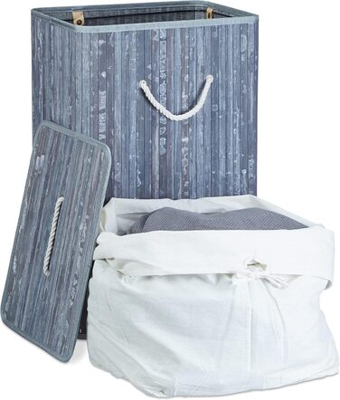 Wäschekorb Bambus, mit Deckel, XL, 83 L, faltbar, 65,5x43,5x33,5 cm, blau (Grau, Creme, 2)