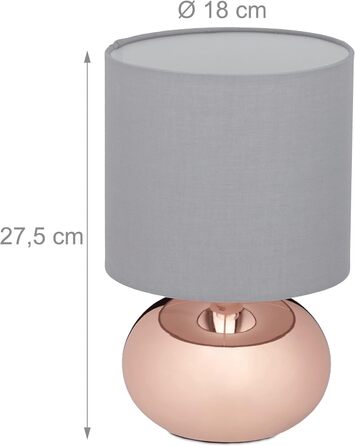 Relaxdays Tischlampe, runde Nachttischlampe mit Touch, HxD: 27,5 x 18 cm, E14, Tischleuchte mit Stoffschirm, (Kupfer/Grau)