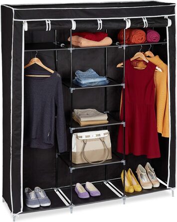 Relaxdays Stoffkleiderschrank, 9 Fächer, 2 Kleiderstangen, HBT: 173 x 148 x 43 cm, Camping, Keller, Faltschrank,  Stoff (Schwarz)