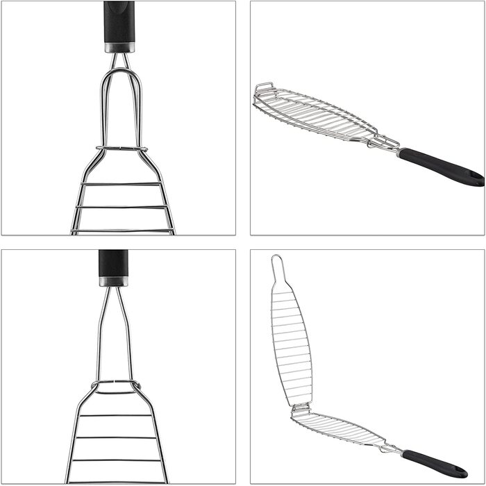 Relaxdays Fischbräter 2er Set, Edelstahl, Gummigriff, 58,5 cm lang, Fischhalter zum Grillen, Grillkorb Fisch, Silber