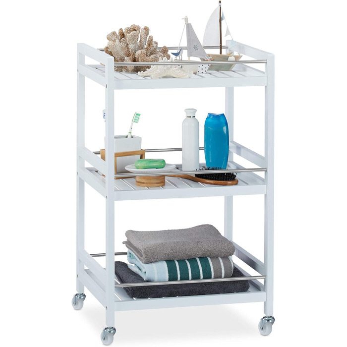 Relaxdays Servierwagen Bambus, 3 Ablagen, 360° Rollen, Edelstahl-Stangen, HBT: 76,5x46x38 cm, weiß