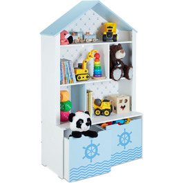 Relaxdays Kinderregal, Seefahrt, 5 Fächer, 2 Rollboxen, HBT: 128x75x34 cm, Hausform, Spielzeug Aufbewahrung, weiß/blau