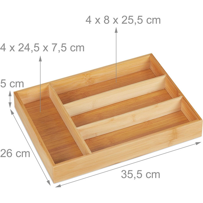 Relaxdays Besteckkasten, 4 Fächer, Bambus, Schubladenkasten klein