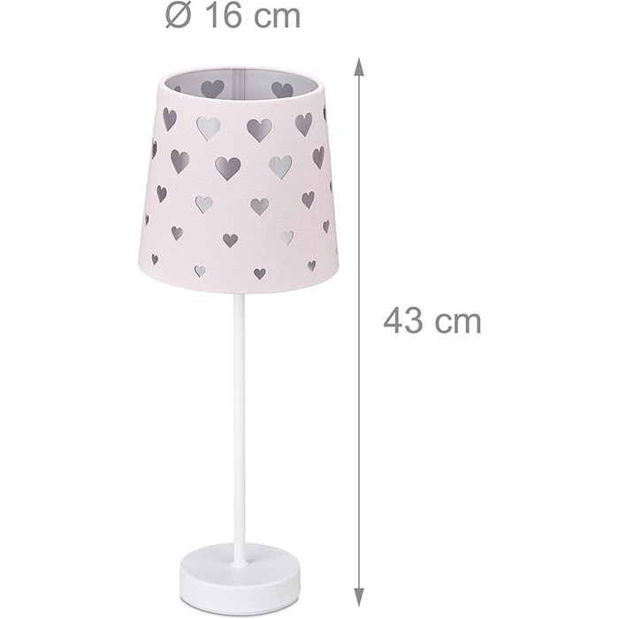 Relaxdays Nachttischlampe Kinder, Herzen, Stoff Lampenschirm, für Baby und Kind, Kinderlampe HxD: 43 x 16 cm, rosa-weiß, 1003