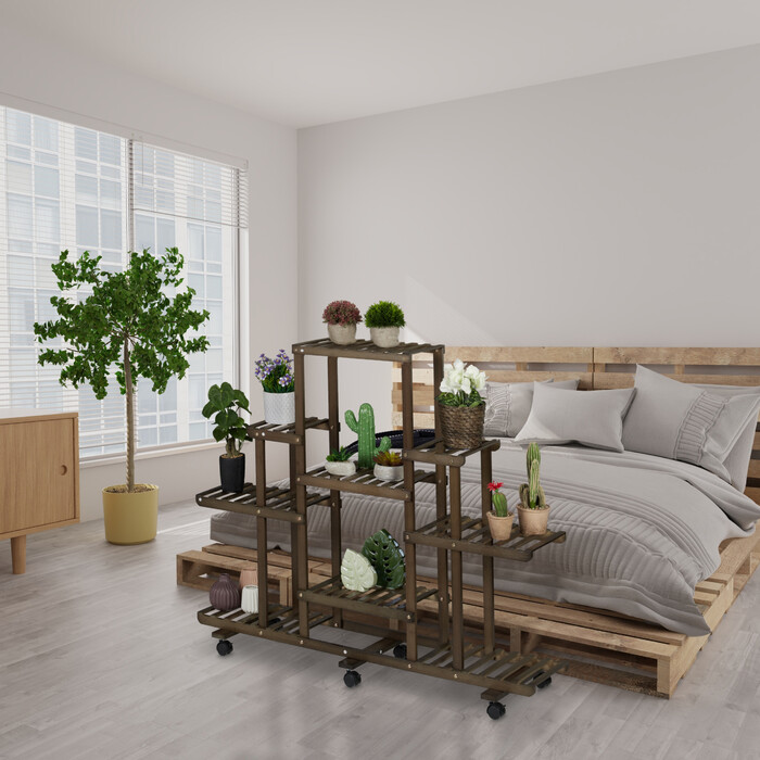 Relaxdays Bambus Pflanzenregal mit Rollen