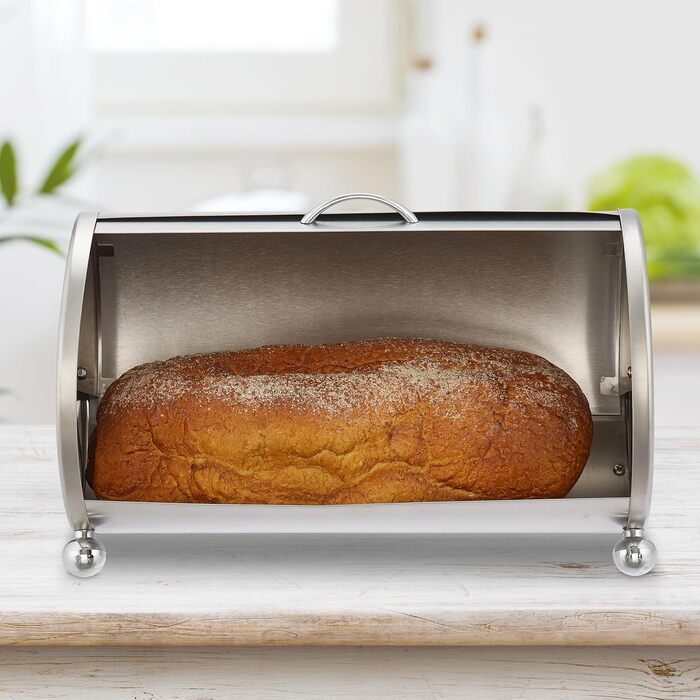 Relaxdays Brotkasten Edelstahl, runde Brotaufbewahrungsbox, 21x36,5x20 cm, Silber