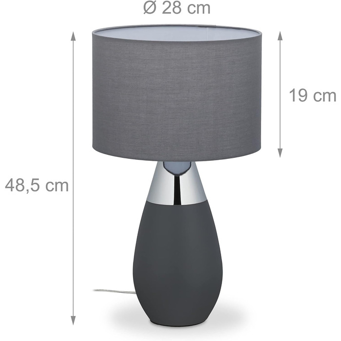 Relaxdays Nachttischlampe Touch dimmbar, 3 Stufen, E14, HxD: 48,5 x 28 cm, modern, Touch Lampe mit Schirm, grau/silber