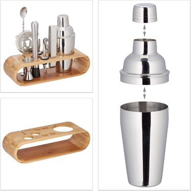 Relaxdays 9-tlg. Cocktail Set, Profi Barkeeper Set mit Ständer, Shaker, Barmaß, Ausgießer, Eiszange