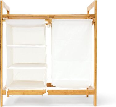 Relaxdays Wäschesammler Linea Bambus HxBxT: ca. 77 x 69,5 x 36 cm Wäschepuff mit 40 Litern Volumen 2 Ablagen und 3 Fächern als Wäschebehälter mit Wäschesack aus weißem Stoff und 2 Griffen, natur Single