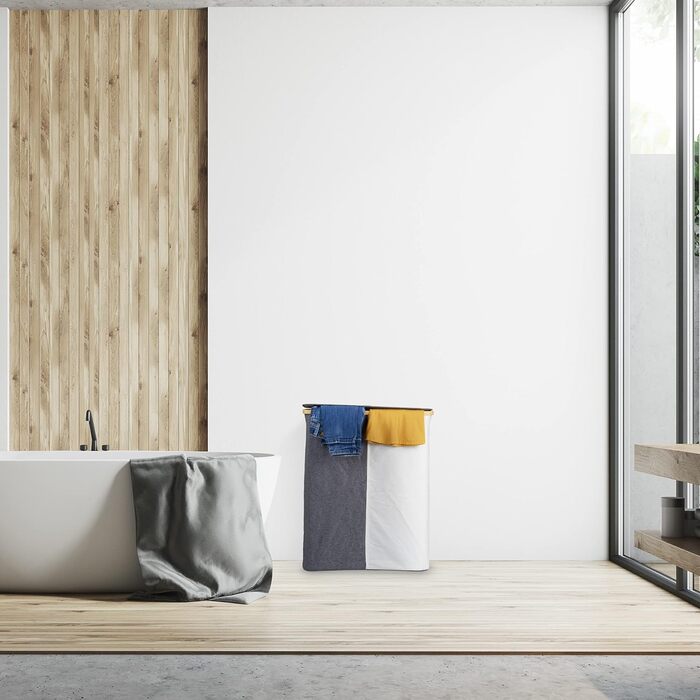 Relaxdays Wäschekorb mit Deckel, 130 l, Wäschesammler Bambus & Polyester, tragbar, atmungsaktiver Wäschesack,  90 10, (65.5x54x33.5 cm, Grau/Weiß)