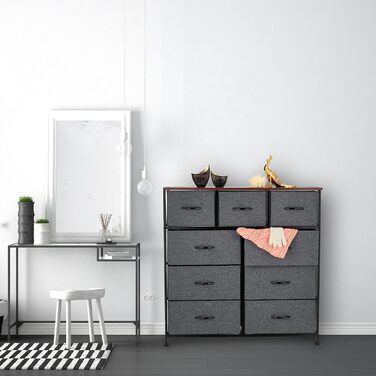 Relaxdays Kommode, 100x100x30 cm, Metall & Holzoptik, 9 Stoff-Schubladen, Moderne Beistellkommode