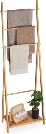 Relaxdays Handtuchständer Bambus, 4 Stangen, 1 Ablage, freistehend, HBT: 153x53,5x30 cm, Natur