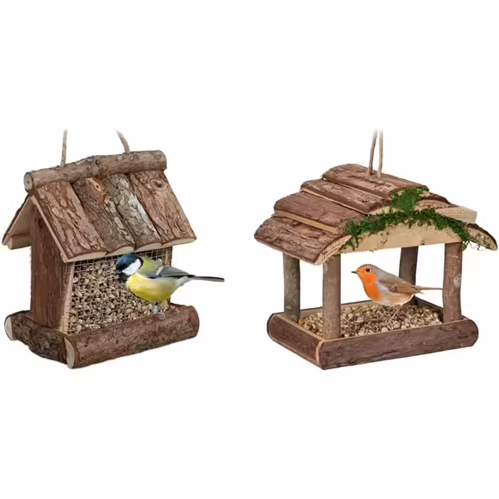 Relaxdays Vogelfutterhaus Holz, HBT: 17x15x12cm, mit Silo, Vogelfutterspender, Natur (Bundle)