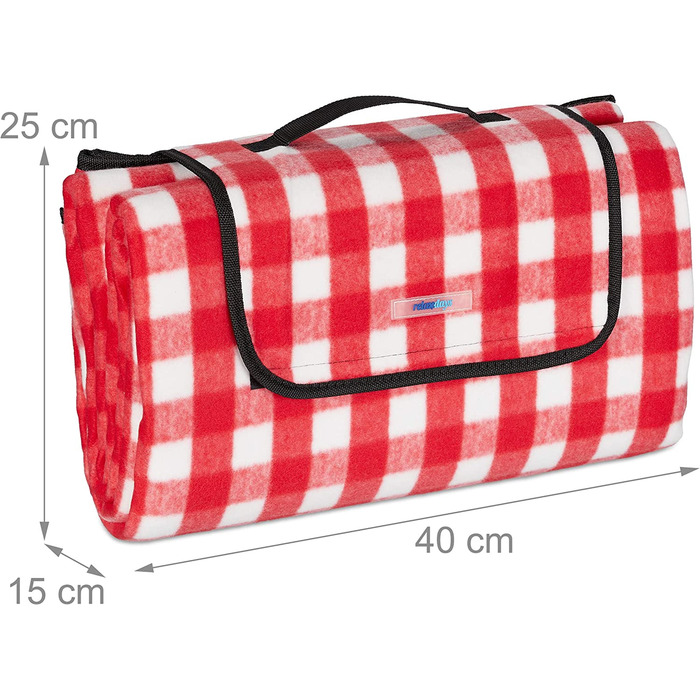 Relaxdays XXL Picknickdecke, 200 x 200 cm, Fleece Stranddecke, wärmeisoliert, wasserdicht, mit Tragegriff, rot/weiß