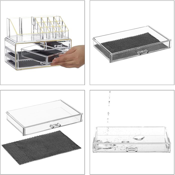 Relaxdays Make Up Organizer Acryl, 2-teilige Schminkaufbewahrung mit Lippenstifthalter und 4 Schubladen,  19 x 24 x 13.5 cm (Transparent/Gold)