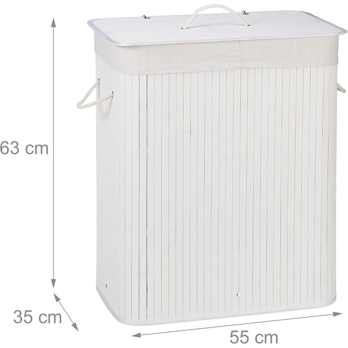 Relaxdays Wäschekorb Bambus, 2 Fächer, 95 l, faltbar, rechteckig, mit Deckel, Weiß