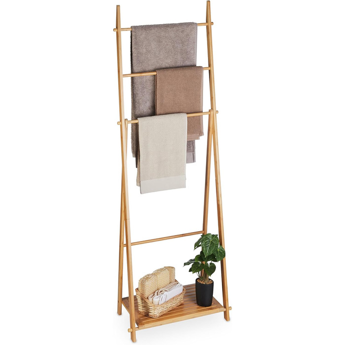 Relaxdays Handtuchständer Bambus, 4 Stangen, 1 Ablage, freistehend, HBT: 153x53,5x30 cm, Natur