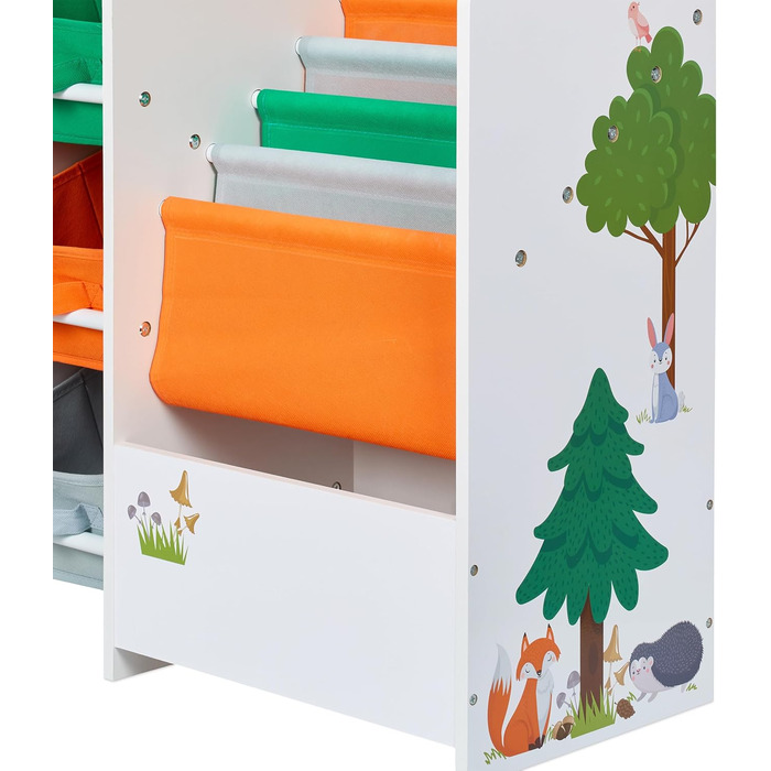 Relaxdays Kinderregal mit 3 Boxen, 4 Taschen, 1 Fach, HBT: 64x64x30 cm, Spielzeugregal Kinderzimmer, bunt