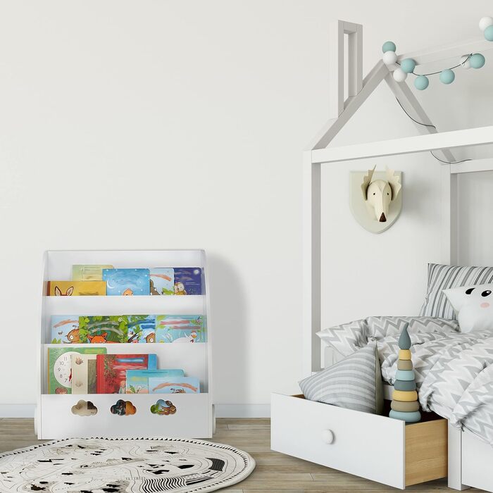 Relaxdays Bücherregal Kinder, HBT: 60 x 58 x 45 cm, Kinderbücherregal mit Wolkenmotiv, 3 Fächer, MDF, Kinderregal, weiß