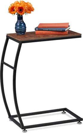 Relaxdays Beistelltisch Industrial Design, C-Form, HBT 58,5 x 47,5 x 25 cm, Tisch für Couch & Bett, Metall & MDF, braun