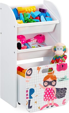Relaxdays Kinderregal mit 3 Boxen, Heldin-Motiv, Kiste mit Rollen, 80,5x42,5x30 cm, schmales Spielzeugregal, weiß